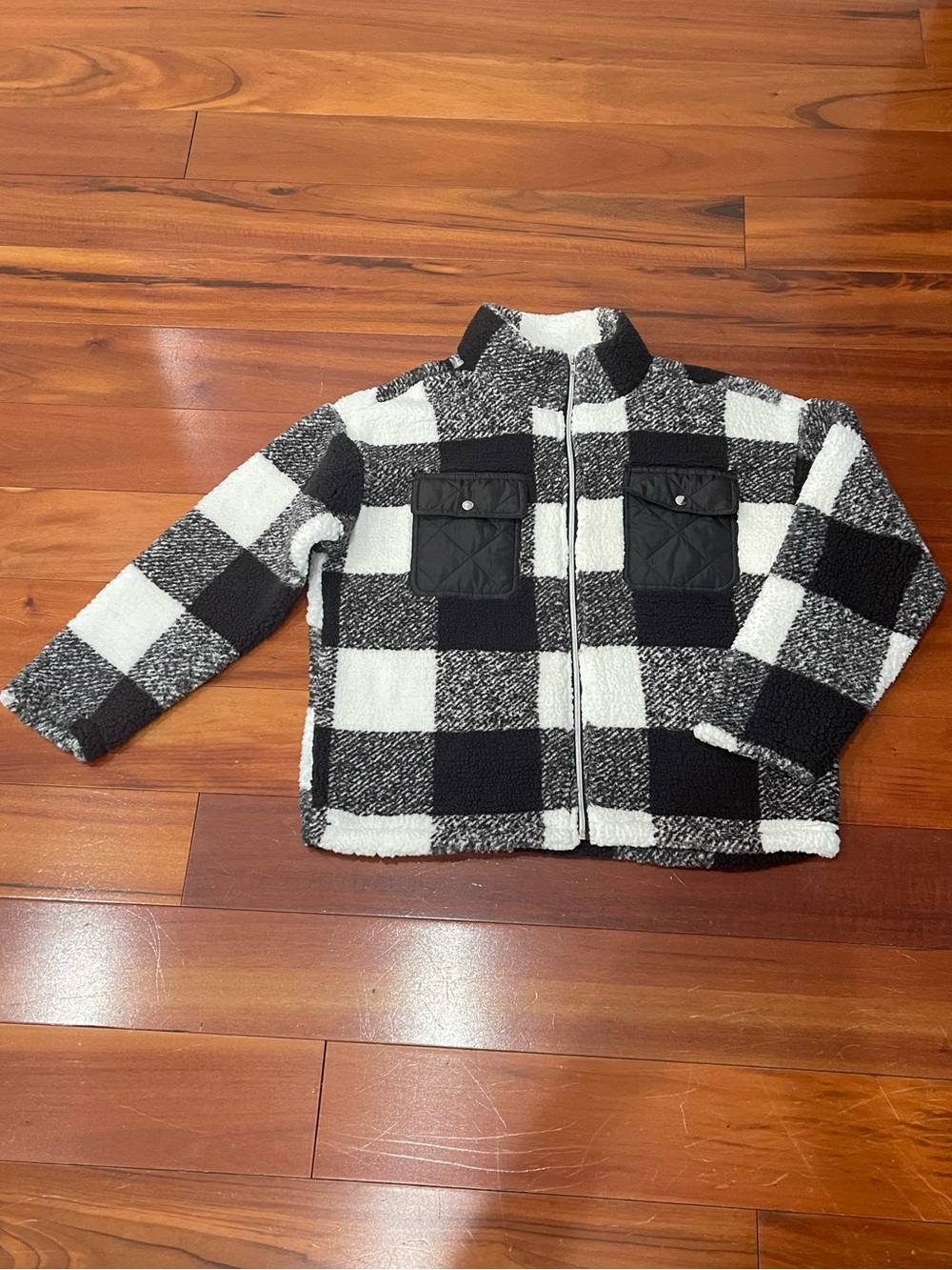 Sabrina Lauren NY Black & White Plaid Sherpa Fleece Zip Jacket L